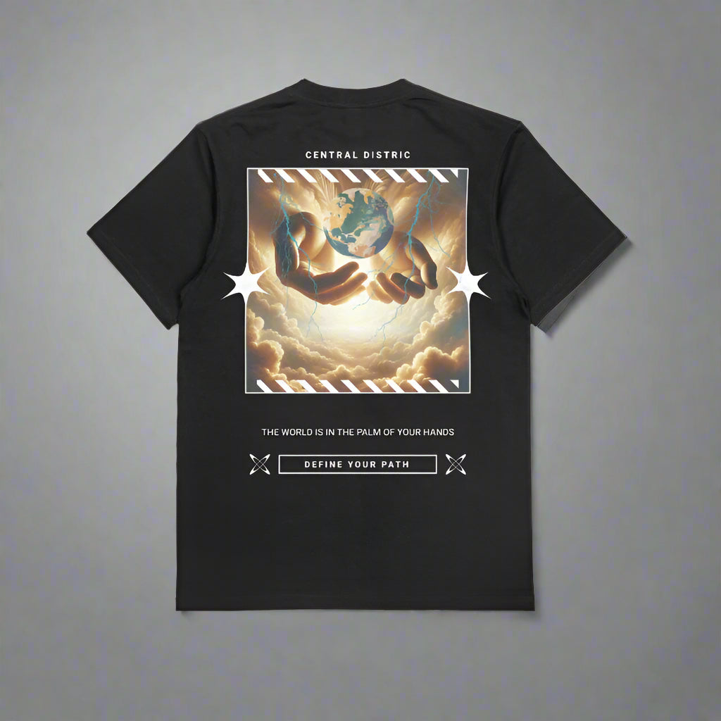 Black t-shirt with graphic design and text on a gray background