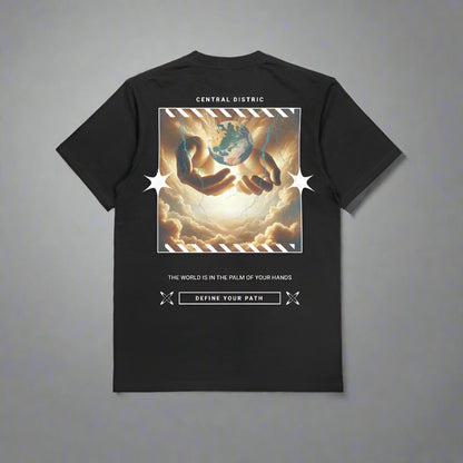 Black t-shirt with graphic design and text on a gray background
