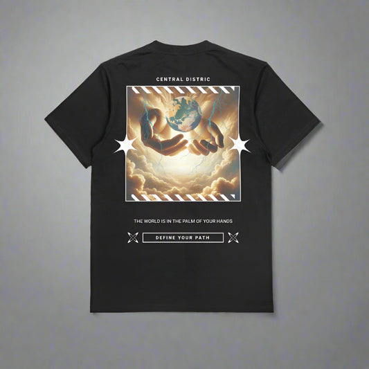 Black t-shirt with graphic design and text on a gray background